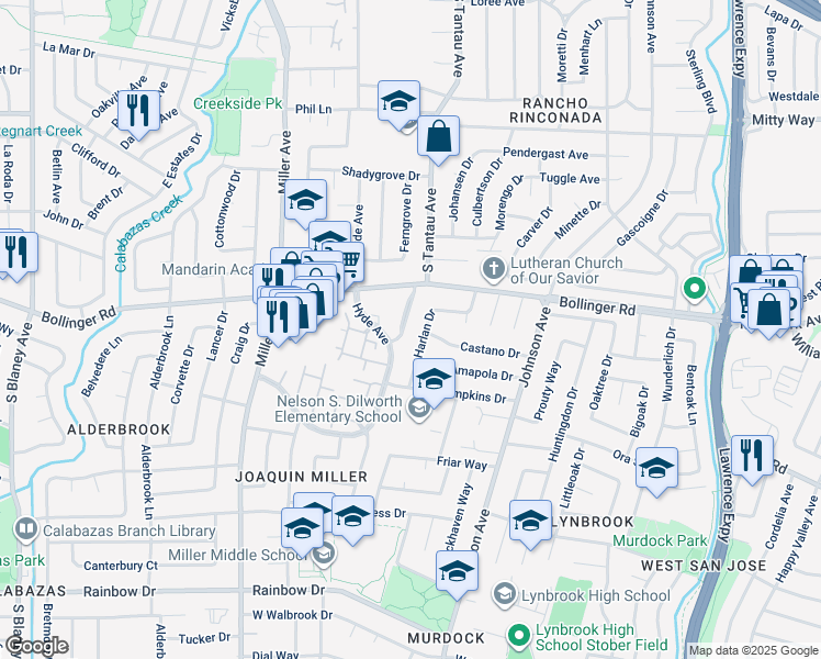 map of restaurants, bars, coffee shops, grocery stores, and more near 1028 Tulipan Drive in San Jose
