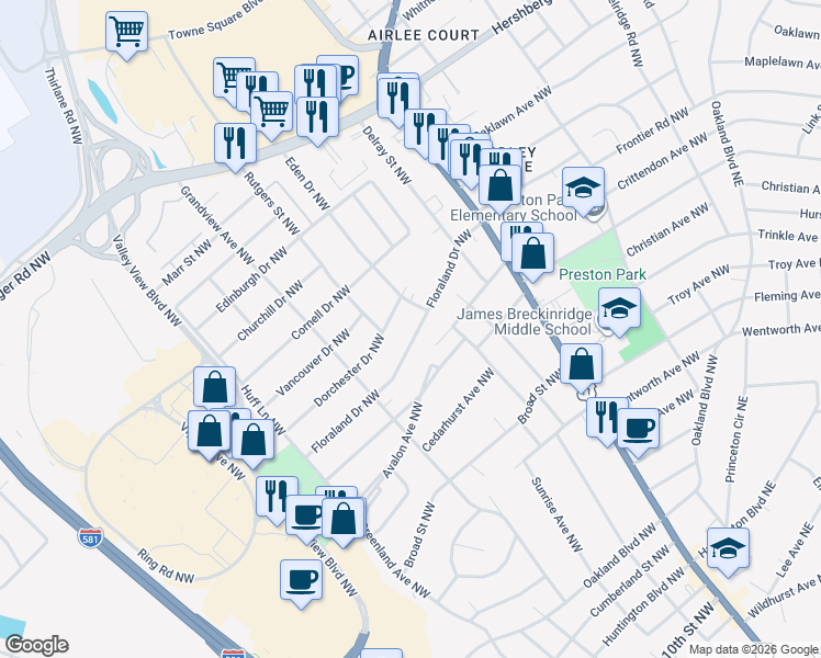 map of restaurants, bars, coffee shops, grocery stores, and more near 2712 Floraland Drive Northwest in Roanoke