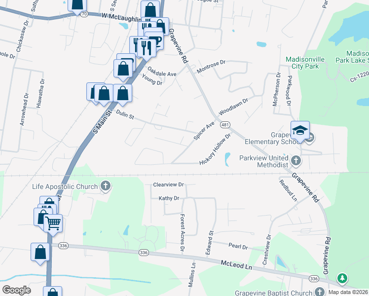 map of restaurants, bars, coffee shops, grocery stores, and more near 385-1111 Southland Dr in Madisonville