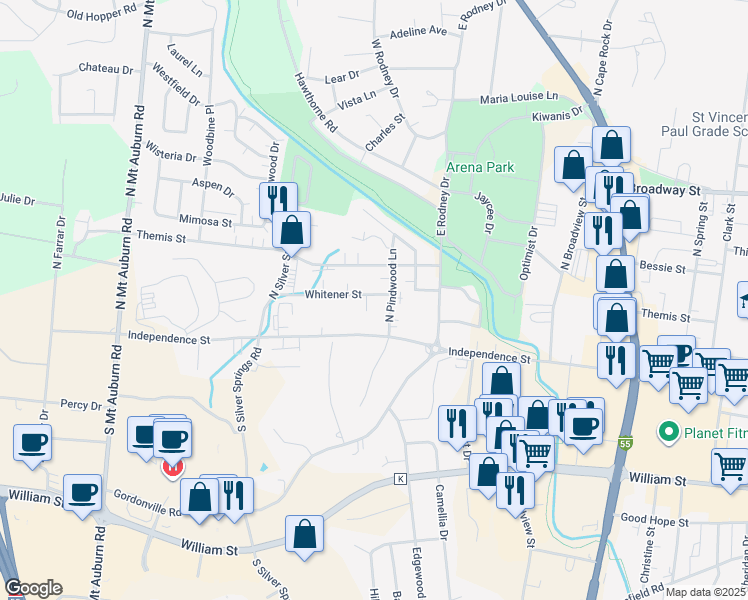 map of restaurants, bars, coffee shops, grocery stores, and more near 2819 Whitener Street in Cape Girardeau