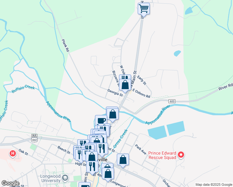 map of restaurants, bars, coffee shops, grocery stores, and more near 209 Georgia Street in Farmville