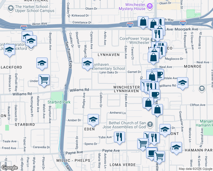 map of restaurants, bars, coffee shops, grocery stores, and more near 3382 Madonna Drive in San Jose