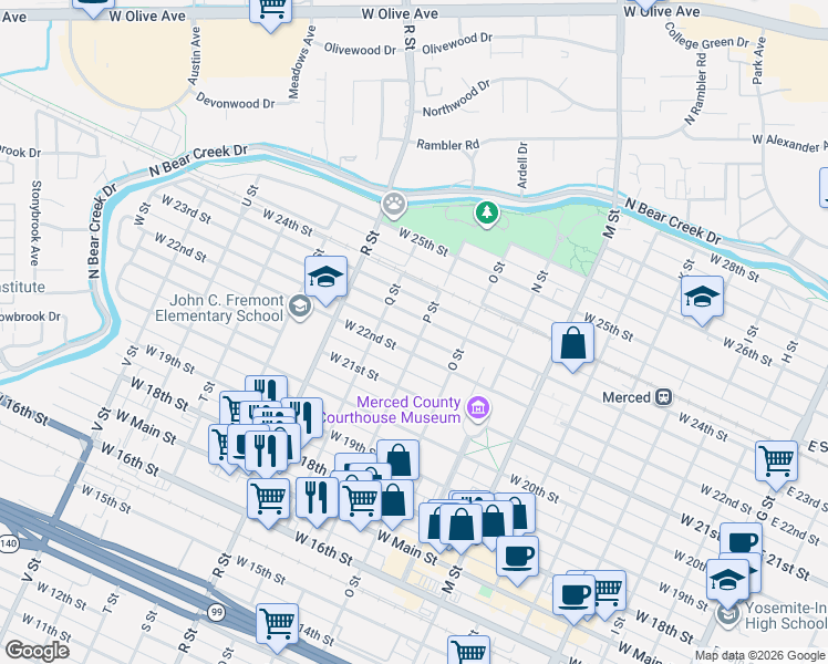 map of restaurants, bars, coffee shops, grocery stores, and more near 2 East 22nd Street in Merced