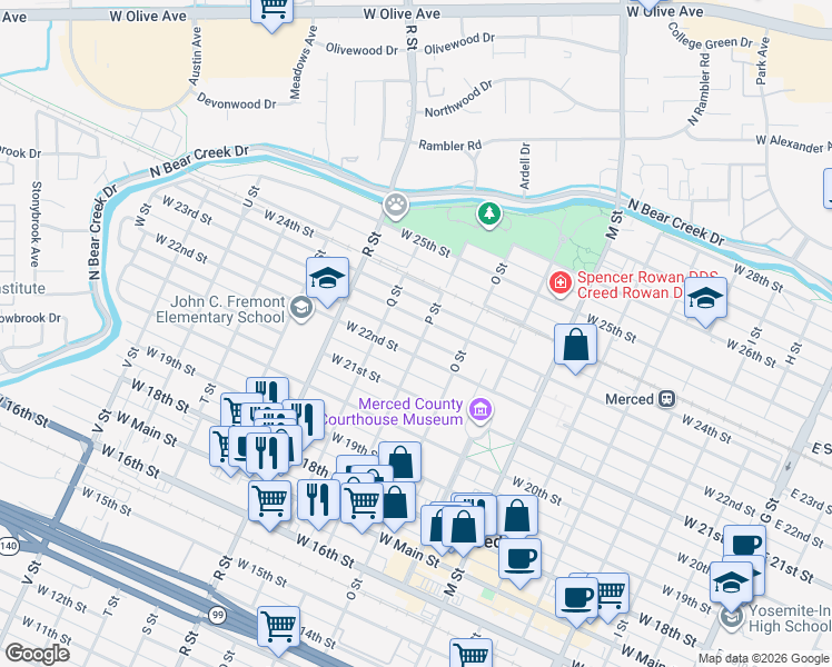 map of restaurants, bars, coffee shops, grocery stores, and more near 860 West 23rd Street in Merced