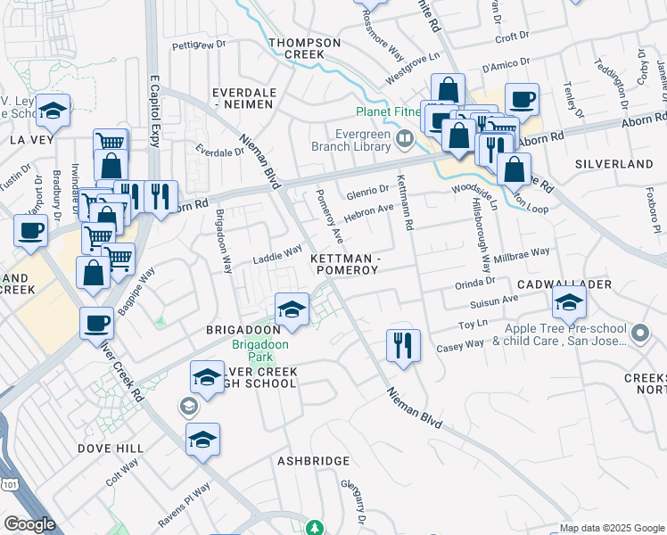 map of restaurants, bars, coffee shops, grocery stores, and more near 2114 Bennighof Court in San Jose