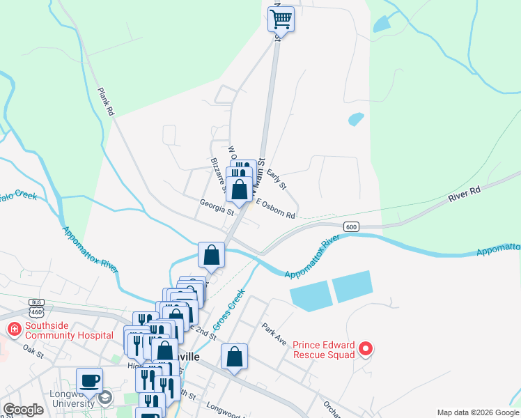 map of restaurants, bars, coffee shops, grocery stores, and more near 710 North Main Street in Farmville