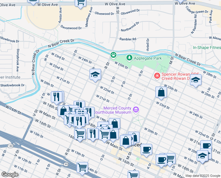 map of restaurants, bars, coffee shops, grocery stores, and more near 961 West 22nd Street in Merced