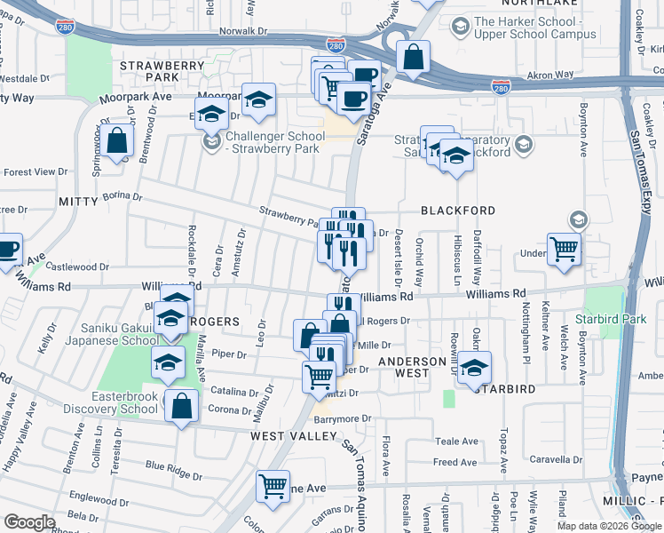 map of restaurants, bars, coffee shops, grocery stores, and more near 965 Saratoga Ave in San Jose