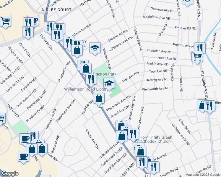map of restaurants, bars, coffee shops, grocery stores, and more near 3901 Williamson Road in Roanoke