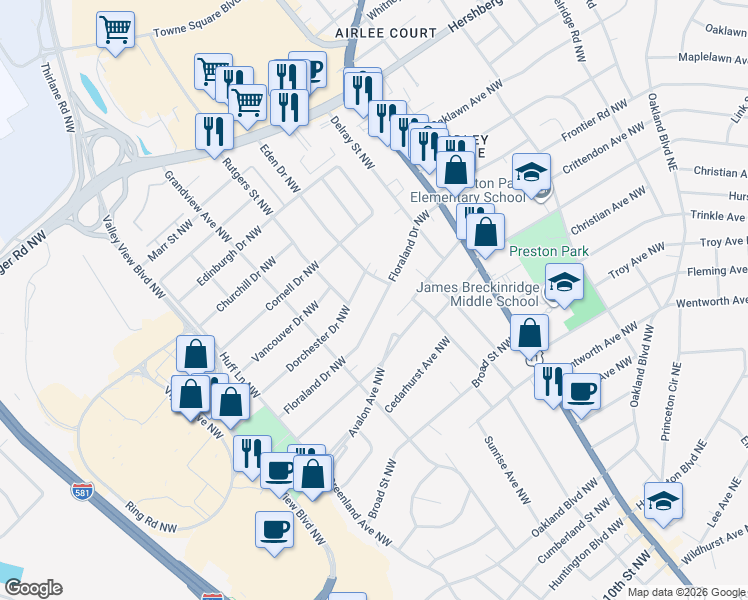 map of restaurants, bars, coffee shops, grocery stores, and more near 2712 Floraland Drive Northwest in Roanoke