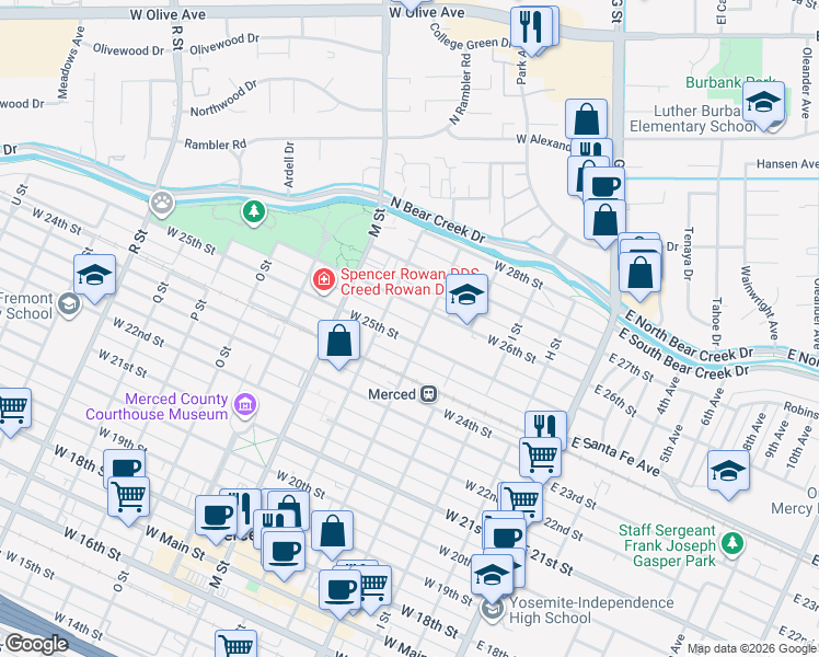map of restaurants, bars, coffee shops, grocery stores, and more near 2527 K Street in Merced
