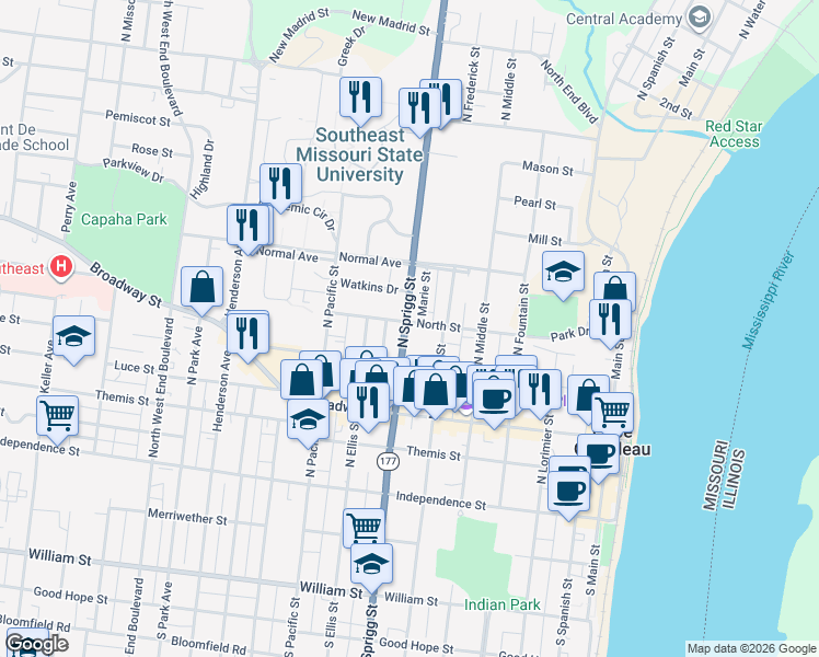 map of restaurants, bars, coffee shops, grocery stores, and more near 631 North Street in Cape Girardeau