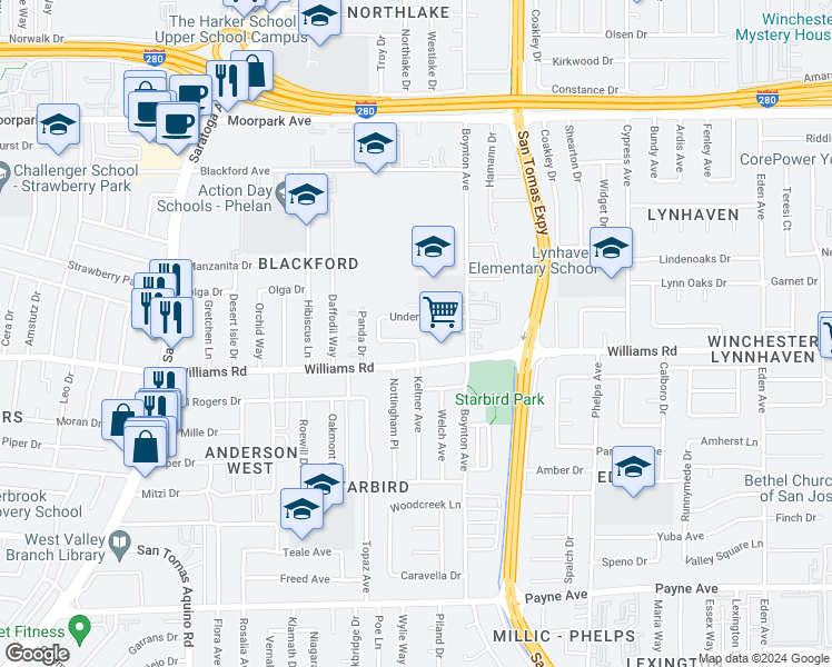 map of restaurants, bars, coffee shops, grocery stores, and more near 3813 Barker Drive in San Jose