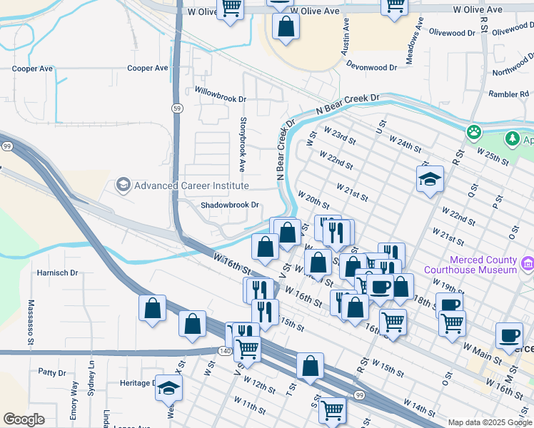 map of restaurants, bars, coffee shops, grocery stores, and more near 2440 Crystal Springs Avenue in Merced