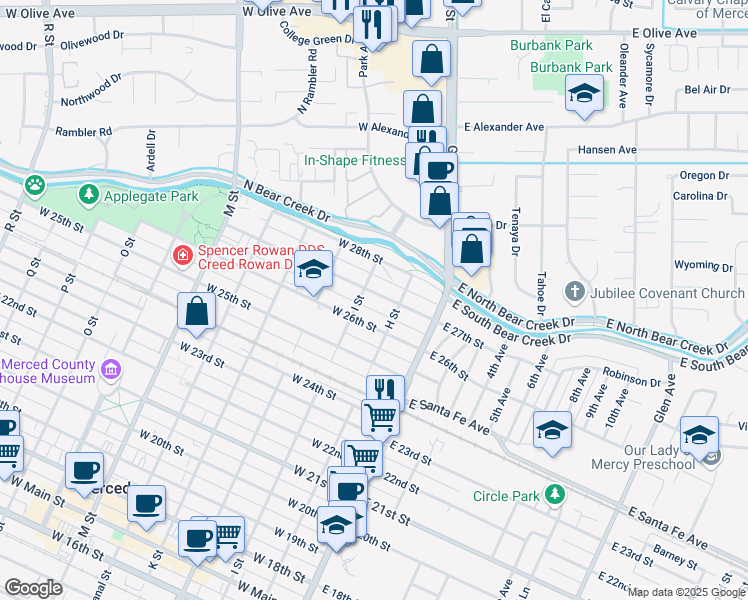 map of restaurants, bars, coffee shops, grocery stores, and more near 144 West 27th Street in Merced