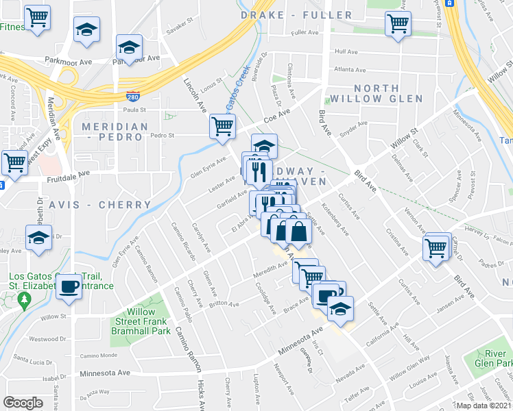 map of restaurants, bars, coffee shops, grocery stores, and more near 1083 Lincoln Ave in San Jose