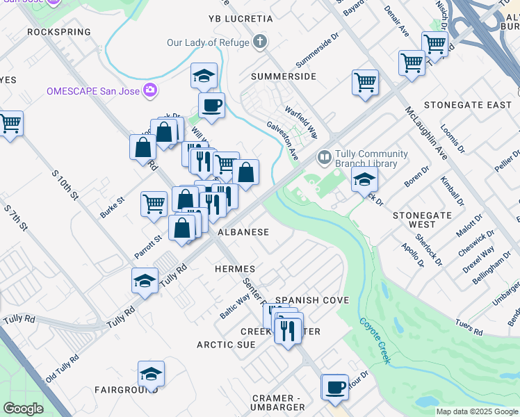 map of restaurants, bars, coffee shops, grocery stores, and more near 2405 La Ragione Avenue in San Jose