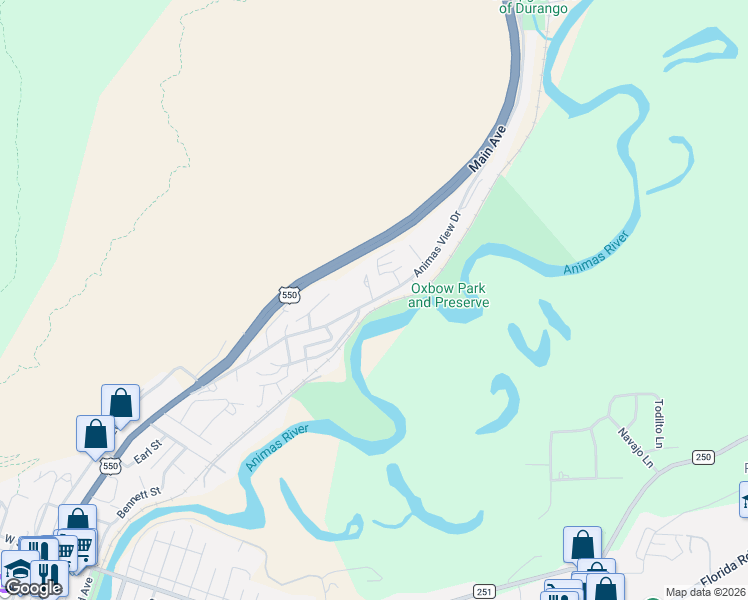 map of restaurants, bars, coffee shops, grocery stores, and more near 342 Animas View Drive in Durango