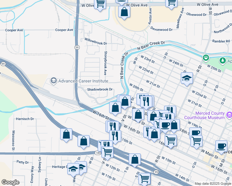 map of restaurants, bars, coffee shops, grocery stores, and more near 2440 Crystal Springs Avenue in Merced