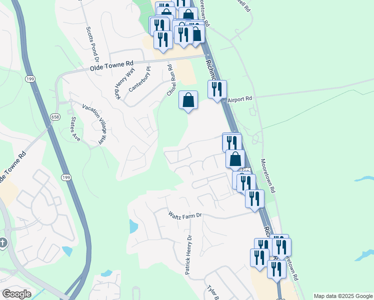 map of restaurants, bars, coffee shops, grocery stores, and more near 101 Stratford Road in Williamsburg