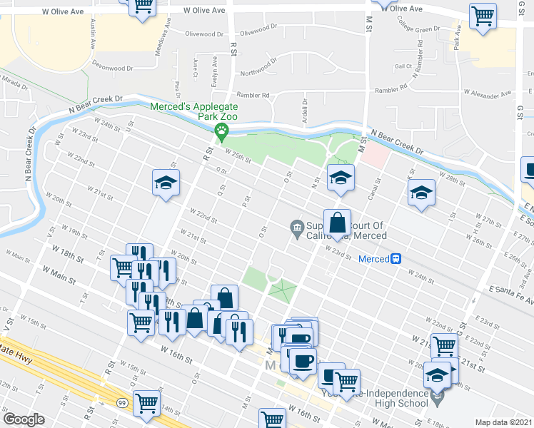 map of restaurants, bars, coffee shops, grocery stores, and more near 805 West 23rd Street in Merced