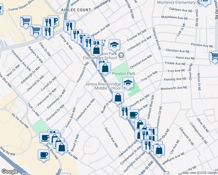 map of restaurants, bars, coffee shops, grocery stores, and more near Williamson Road in Roanoke