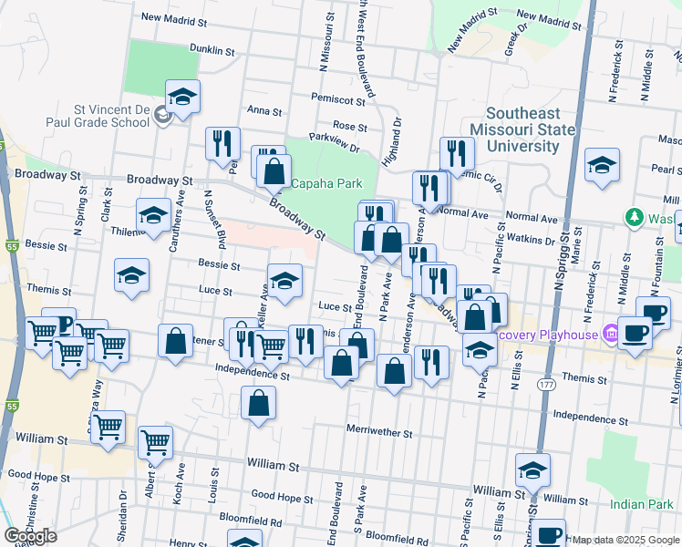 map of restaurants, bars, coffee shops, grocery stores, and more near 1432 Bessie Street in Cape Girardeau