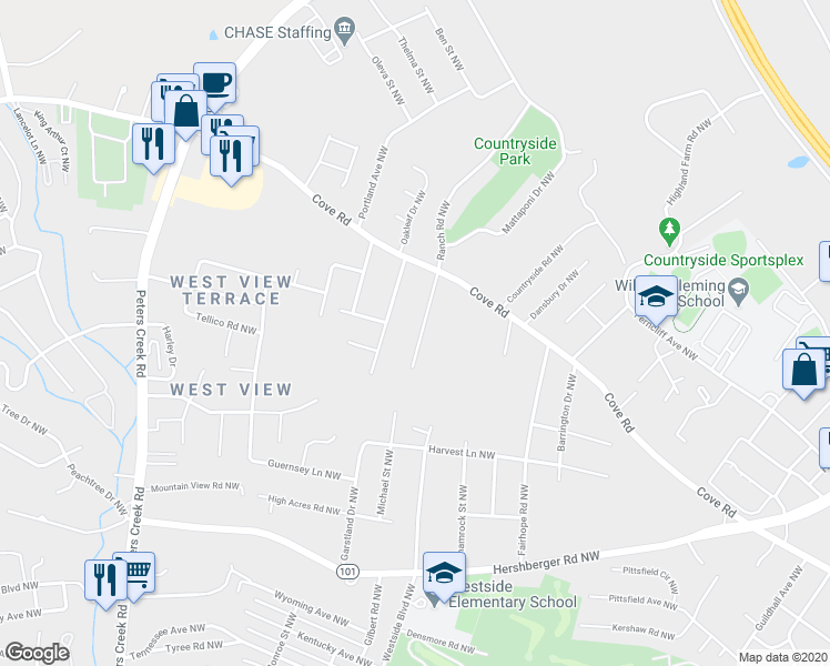 map of restaurants, bars, coffee shops, grocery stores, and more near 2106 Ranch Road Northwest in Roanoke