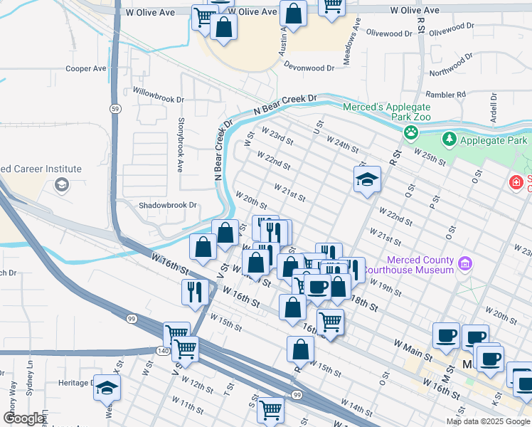 map of restaurants, bars, coffee shops, grocery stores, and more near 1454 West 20th Street in Merced