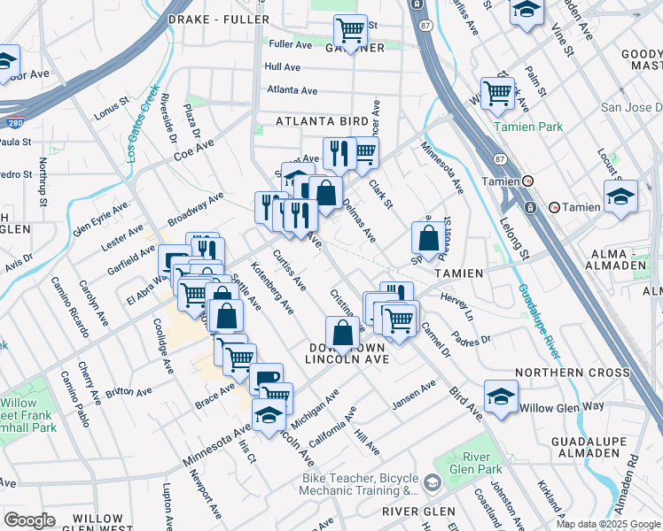 map of restaurants, bars, coffee shops, grocery stores, and more near 1197 Bird Avenue in San Jose