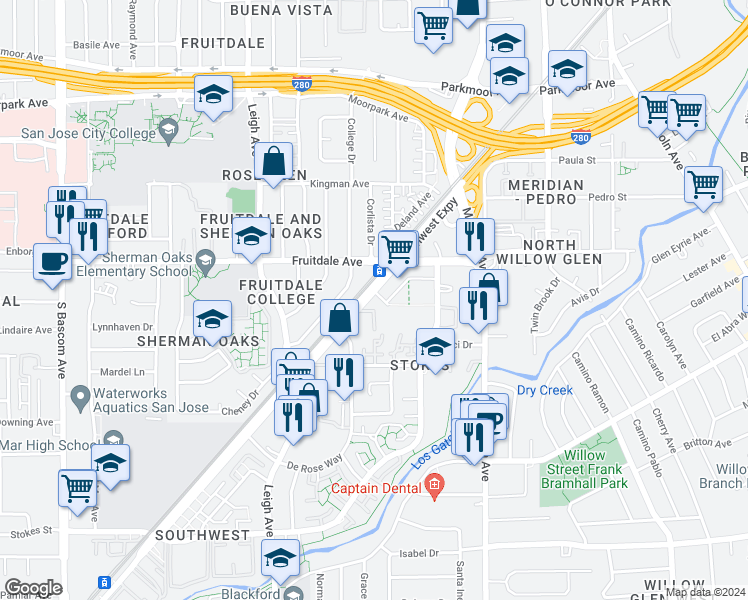 map of restaurants, bars, coffee shops, grocery stores, and more near 1590 Southwest Expressway in San Jose