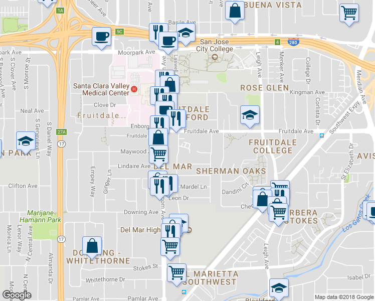 map of restaurants, bars, coffee shops, grocery stores, and more near 2065 Marlboro Court in San Jose