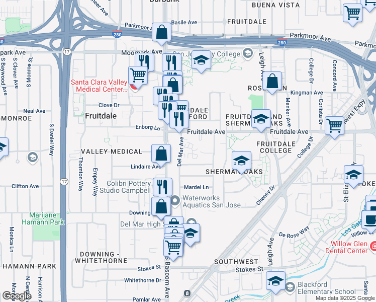 map of restaurants, bars, coffee shops, grocery stores, and more near 2140 Marlboro Court in San Jose