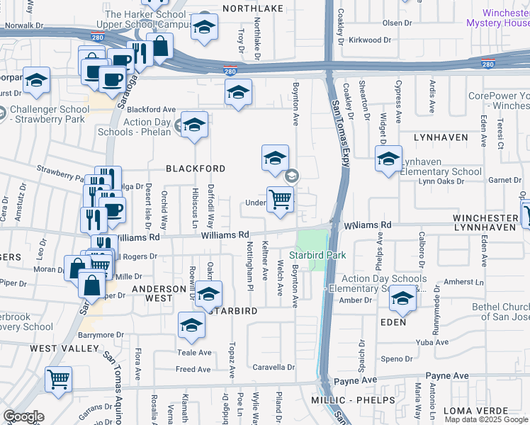 map of restaurants, bars, coffee shops, grocery stores, and more near 3776 Underwood Drive in San Jose