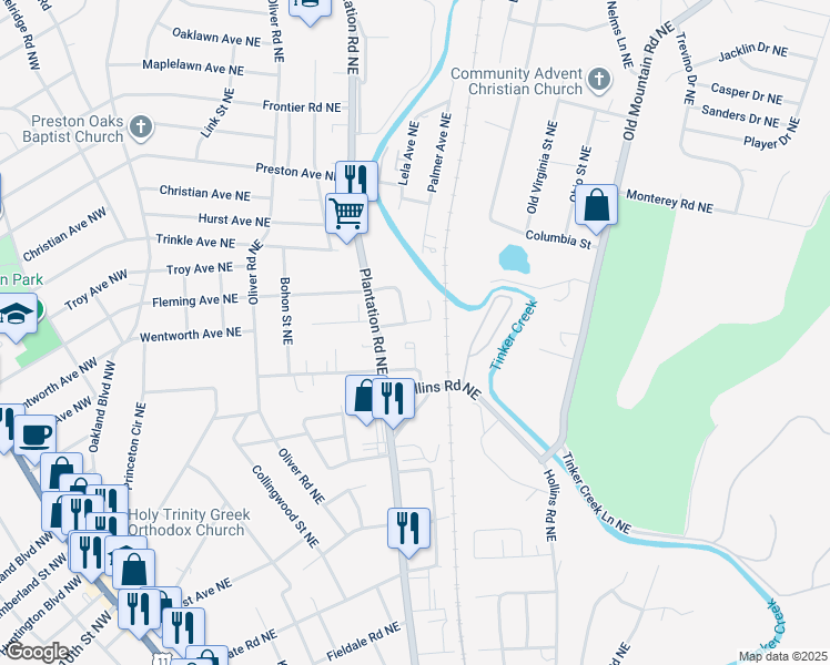 map of restaurants, bars, coffee shops, grocery stores, and more near 721 Drew Avenue Northeast in Roanoke