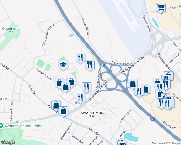 map of restaurants, bars, coffee shops, grocery stores, and more near 2801 Hershberger Road Northwest in Roanoke