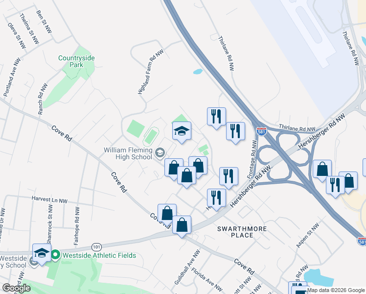 map of restaurants, bars, coffee shops, grocery stores, and more near 3601 Ferncliff Avenue Northwest in Roanoke