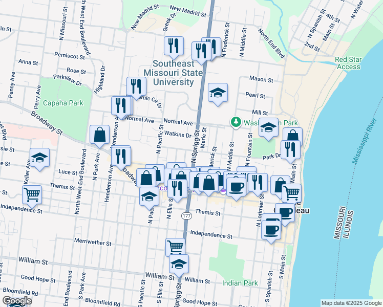map of restaurants, bars, coffee shops, grocery stores, and more near 631 North Street in Cape Girardeau