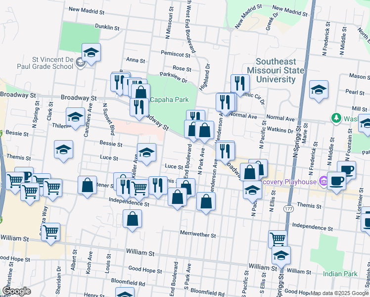 map of restaurants, bars, coffee shops, grocery stores, and more near 1432 Bessie Street in Cape Girardeau