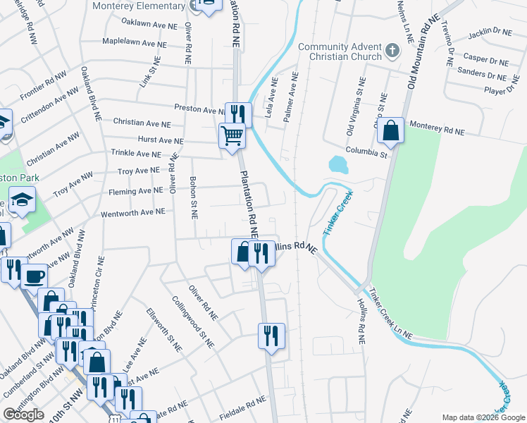 map of restaurants, bars, coffee shops, grocery stores, and more near 621 Drew Ave NE in Roanoke