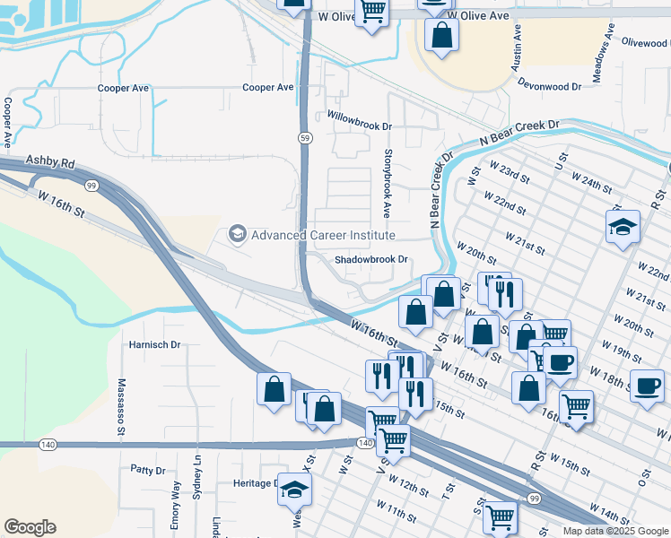map of restaurants, bars, coffee shops, grocery stores, and more near in Merced