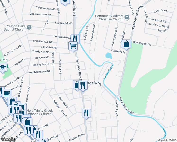 map of restaurants, bars, coffee shops, grocery stores, and more near 721 Drew Avenue Northeast in Roanoke