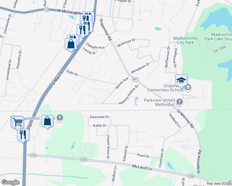 map of restaurants, bars, coffee shops, grocery stores, and more near 385-1111 Southland Dr in Madisonville