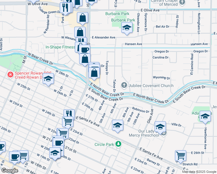 map of restaurants, bars, coffee shops, grocery stores, and more near 2813 Tenaya Drive in Merced