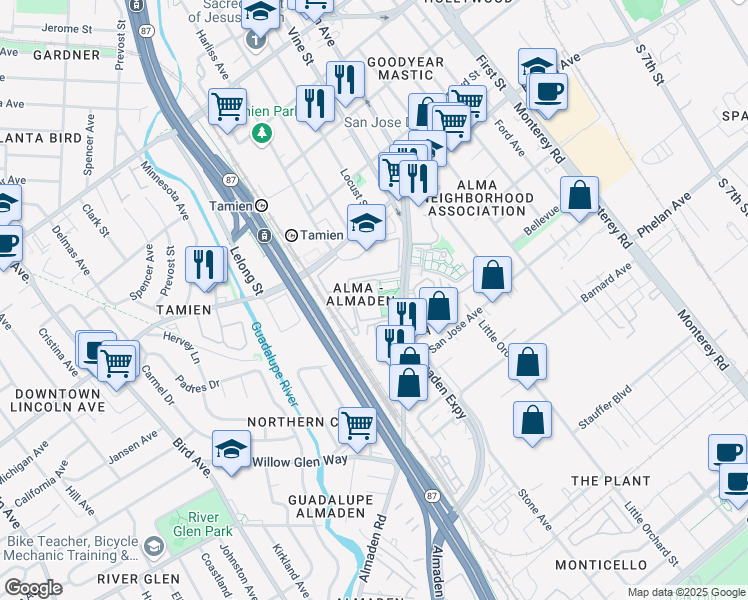 map of restaurants, bars, coffee shops, grocery stores, and more near 877 Three Creeks Trail in San Jose