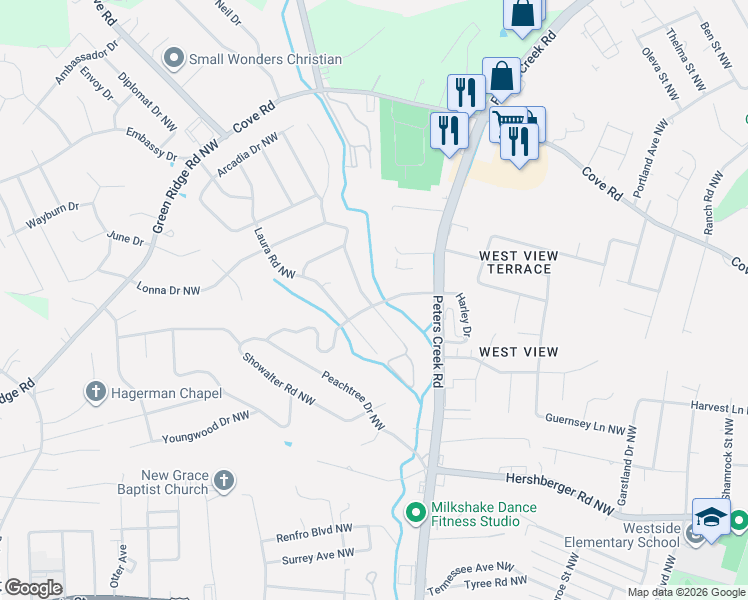 map of restaurants, bars, coffee shops, grocery stores, and more near 2003 Meadowbrook Road Northwest in Roanoke