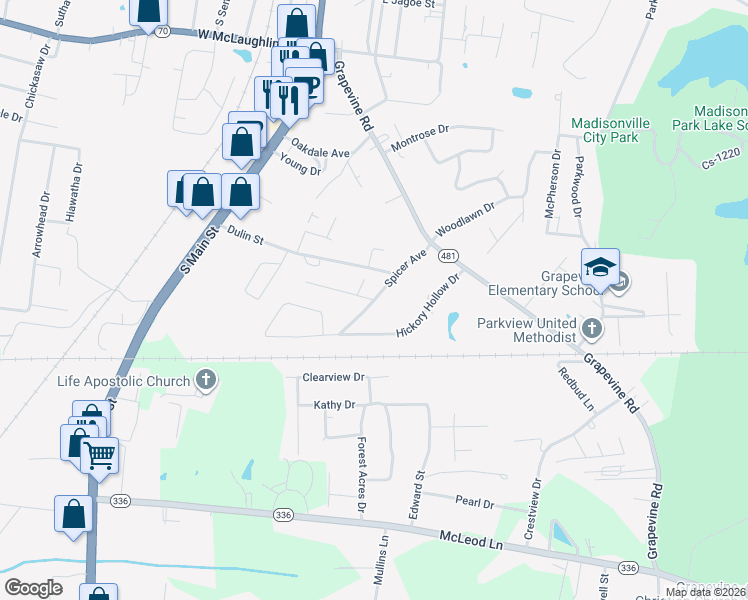 map of restaurants, bars, coffee shops, grocery stores, and more near 1111 Southland Dr in Madisonville