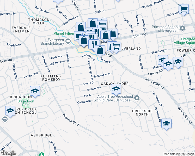 map of restaurants, bars, coffee shops, grocery stores, and more near 2722 Millbrae Way in San Jose