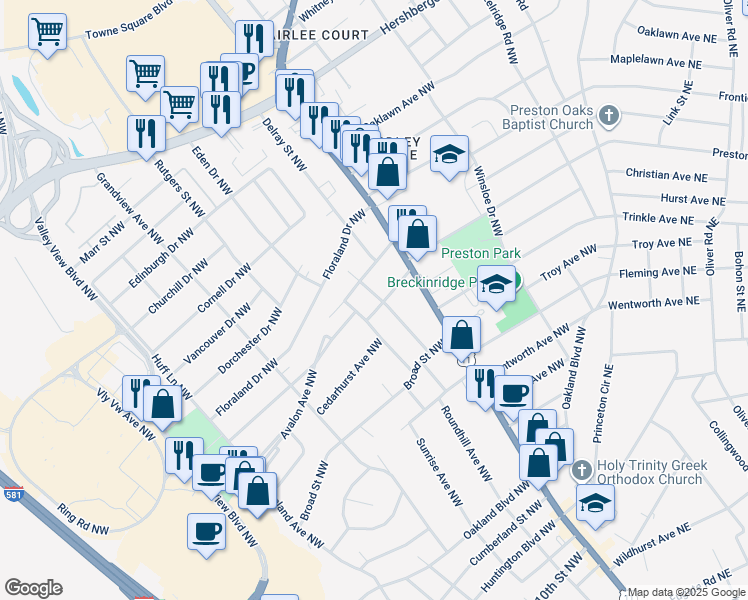 map of restaurants, bars, coffee shops, grocery stores, and more near 4108 Greenlawn Avenue Northwest in Roanoke