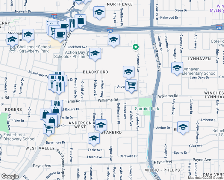 map of restaurants, bars, coffee shops, grocery stores, and more near 955 Temple Drive in San Jose